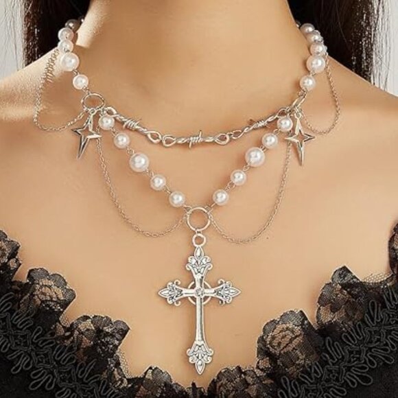 Source Unknown Jewelry - Gothic Punk Cosmic Cross Rosary Layered Choker Silver and White Necklace